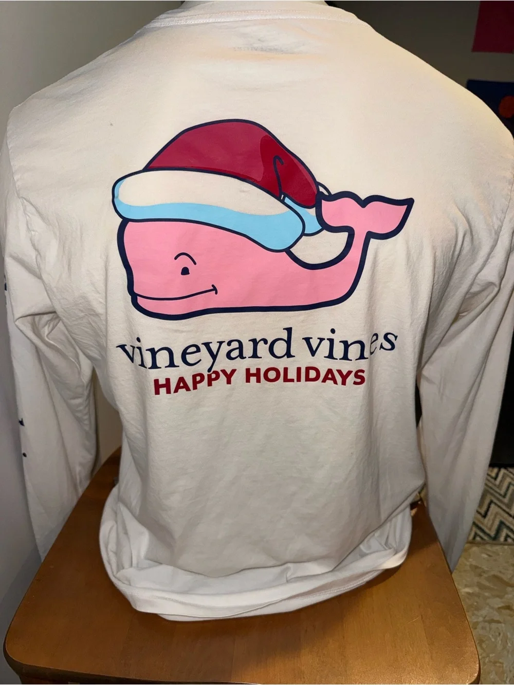 Vineyard Vines Happy Holidays Pink Whale Long-Sleeve White Logo TShirt Medium